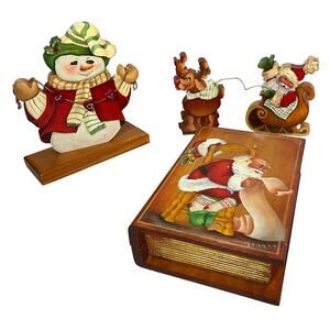 One of a Kind Lot of 3 Handmade Hand Painted Christmas Wooden Decoration